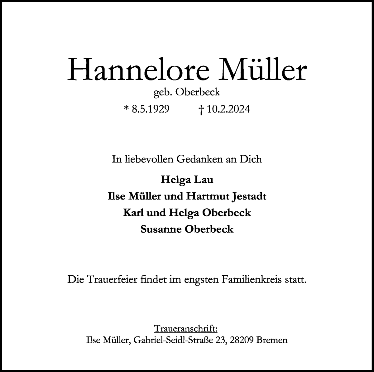 Traueranzeige von Hannelore Müller von WESER-KURIER