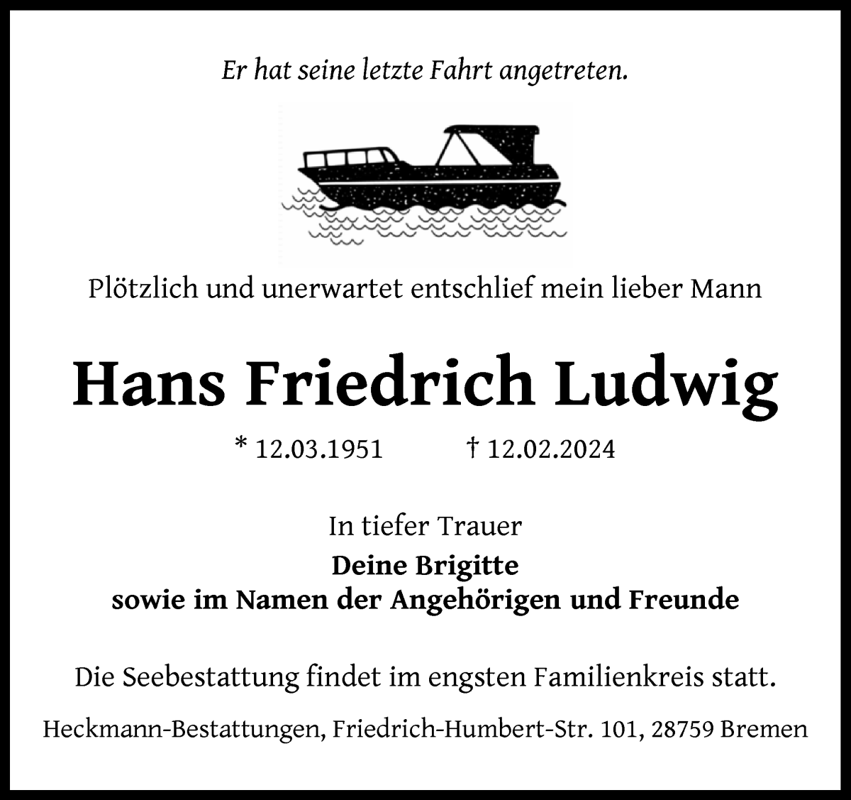 Traueranzeige von Hans Friedrich Ludwig von Die Norddeutsche