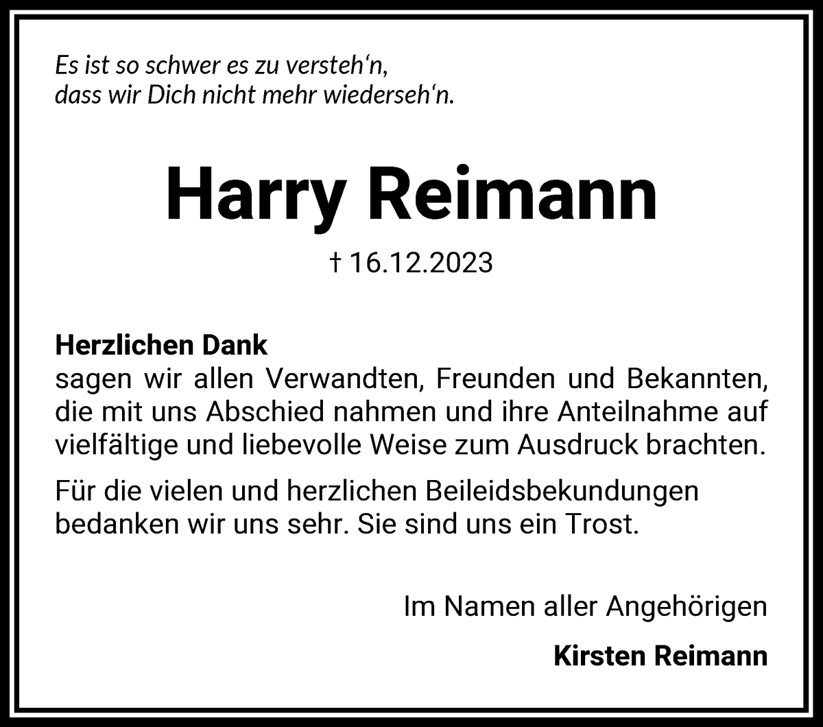 Traueranzeige von Harry Reimann von WESER-KURIER