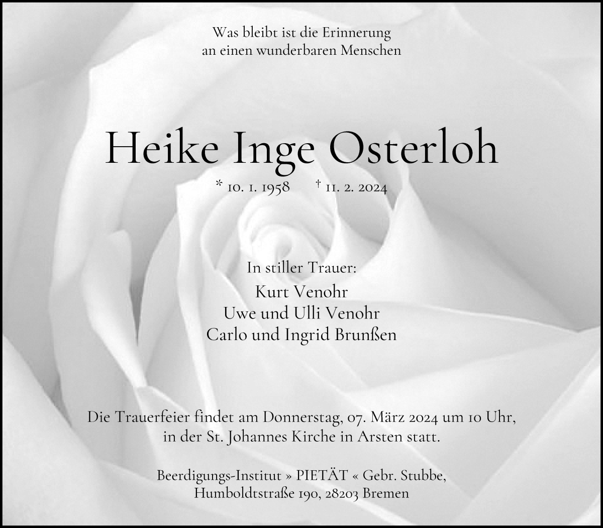 Traueranzeige von Heike Inge Osterloh von WESER-KURIER