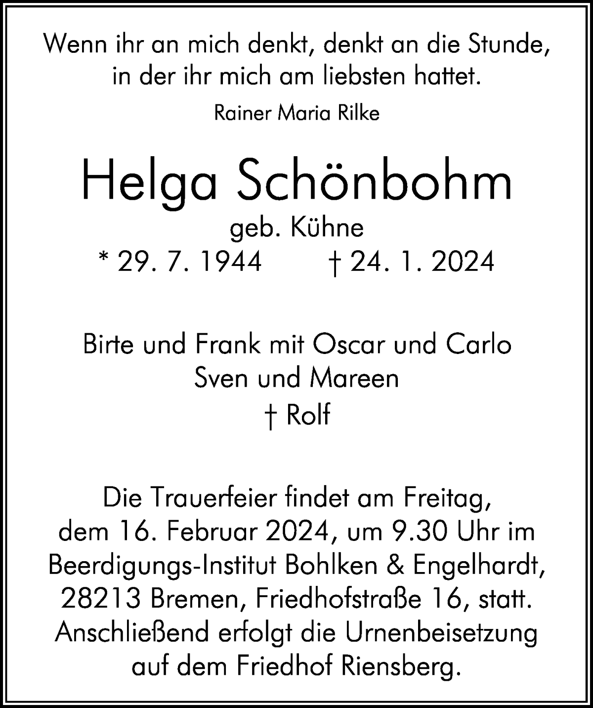 Traueranzeige von Helga Schönbohm von WESER-KURIER