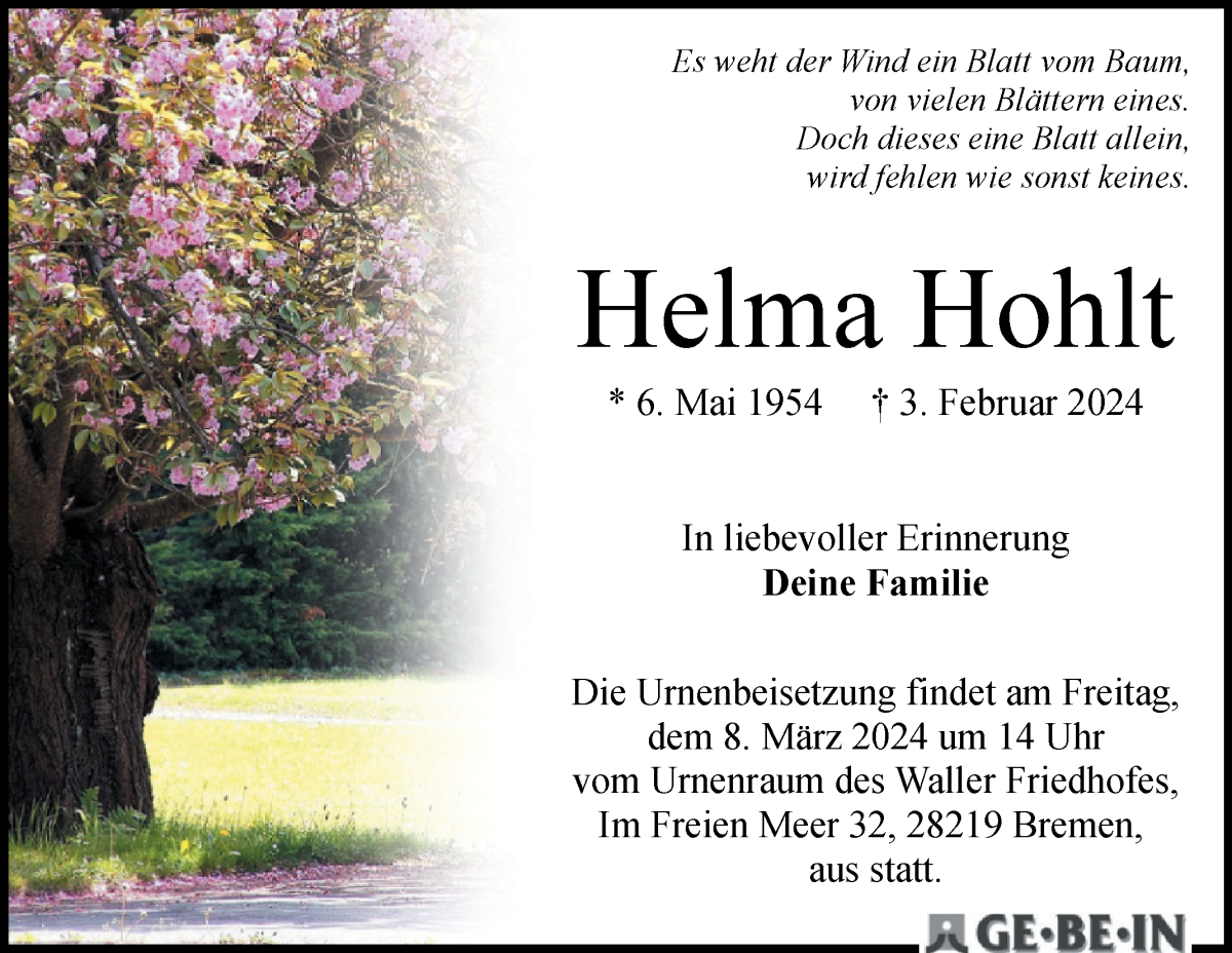 Traueranzeige von Helma Hohlt von WESER-KURIER