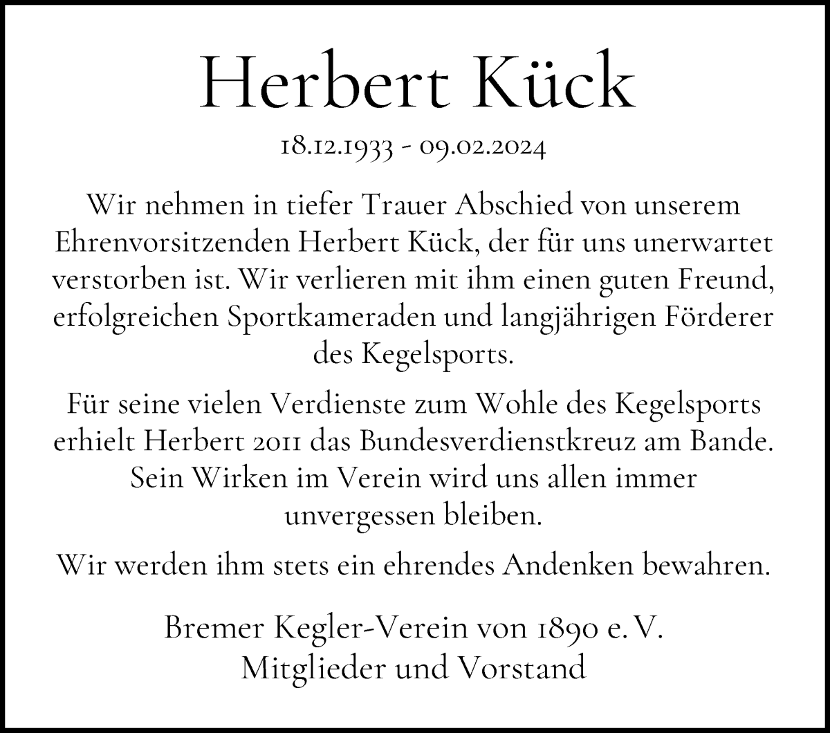 Traueranzeige von Herbert Kück von WESER-KURIER