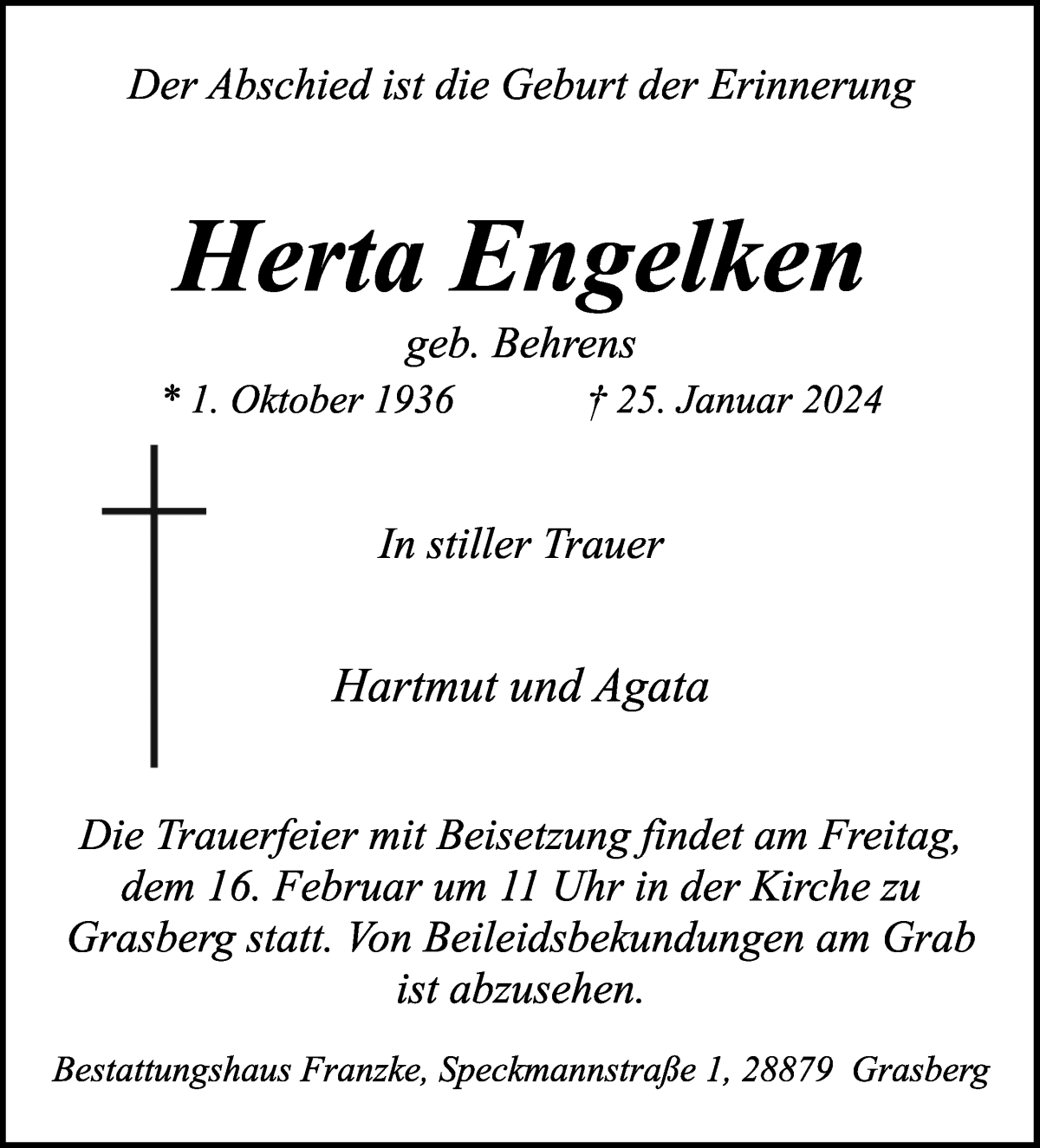 Traueranzeige von Herta Engelken von Wuemme Zeitung