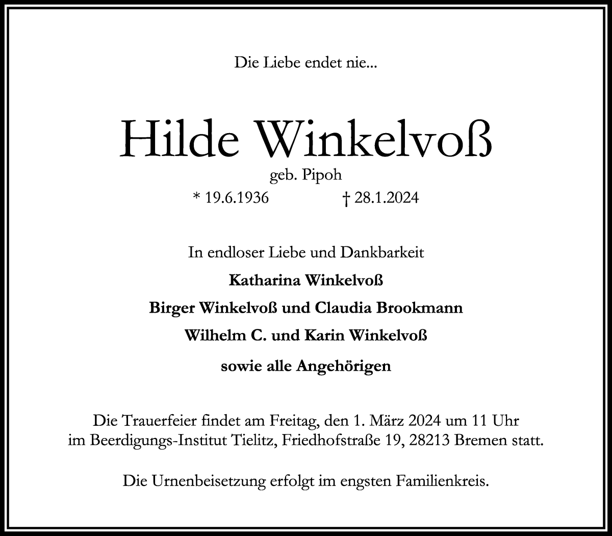 Traueranzeige von Hilde Winkelvoß von WESER-KURIER