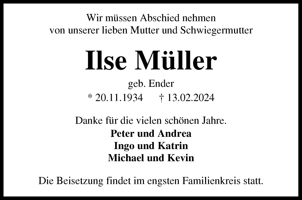 Traueranzeige von Ilse Müller von WESER-KURIER