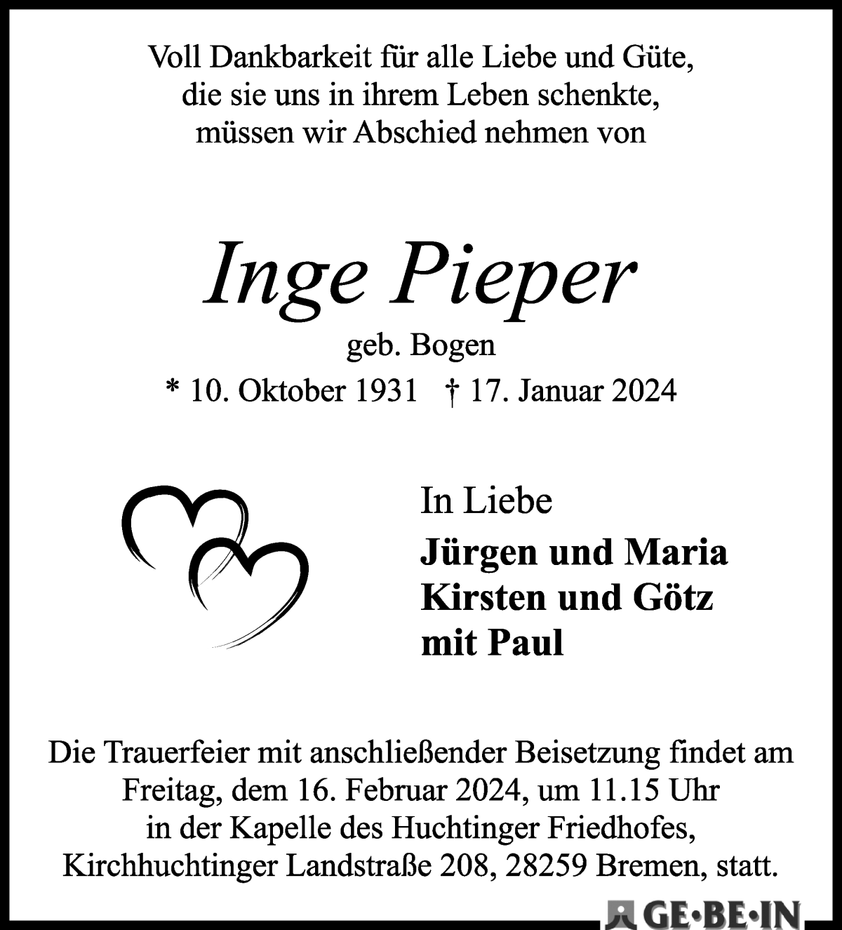 Traueranzeige von Inge Pieper von WESER-KURIER