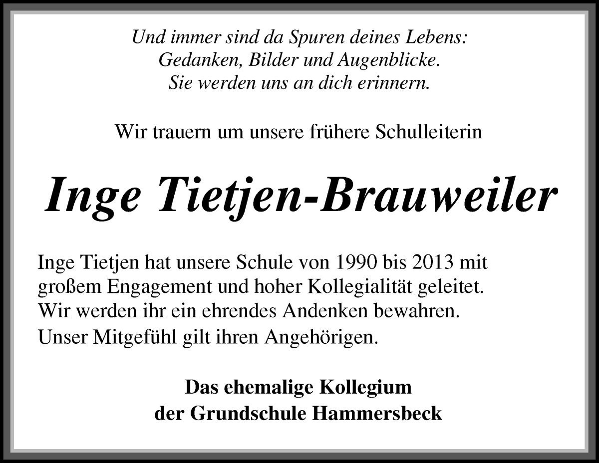 Traueranzeige von Inge Tietjen von WESER-KURIER