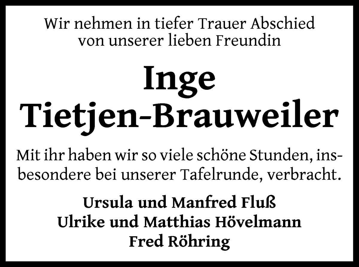 Traueranzeige von Inge Tietjen von WESER-KURIER