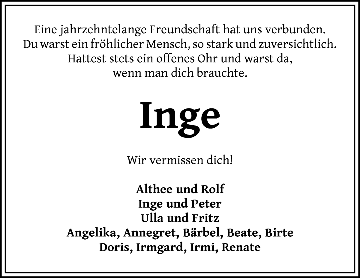Traueranzeige von Inge Tietjen von WESER-KURIER
