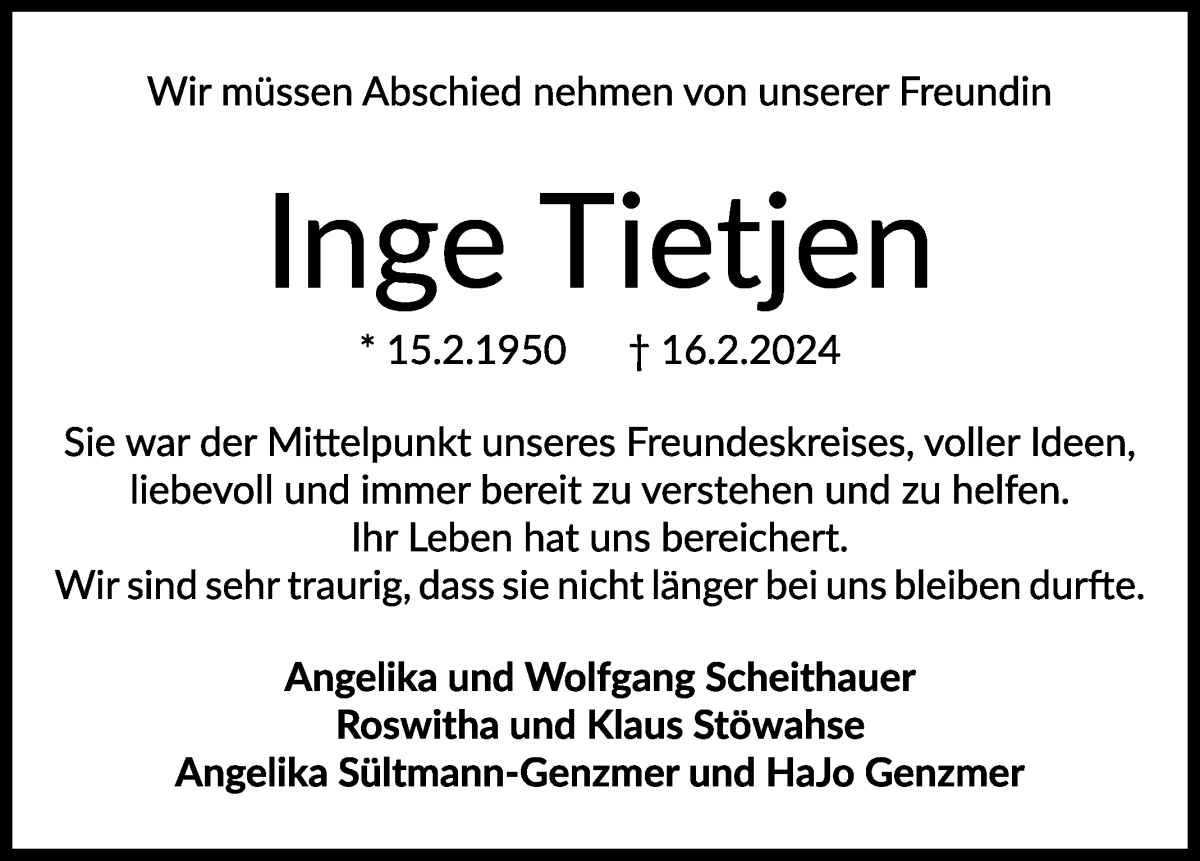 Traueranzeige von Inge Tietjen von WESER-KURIER