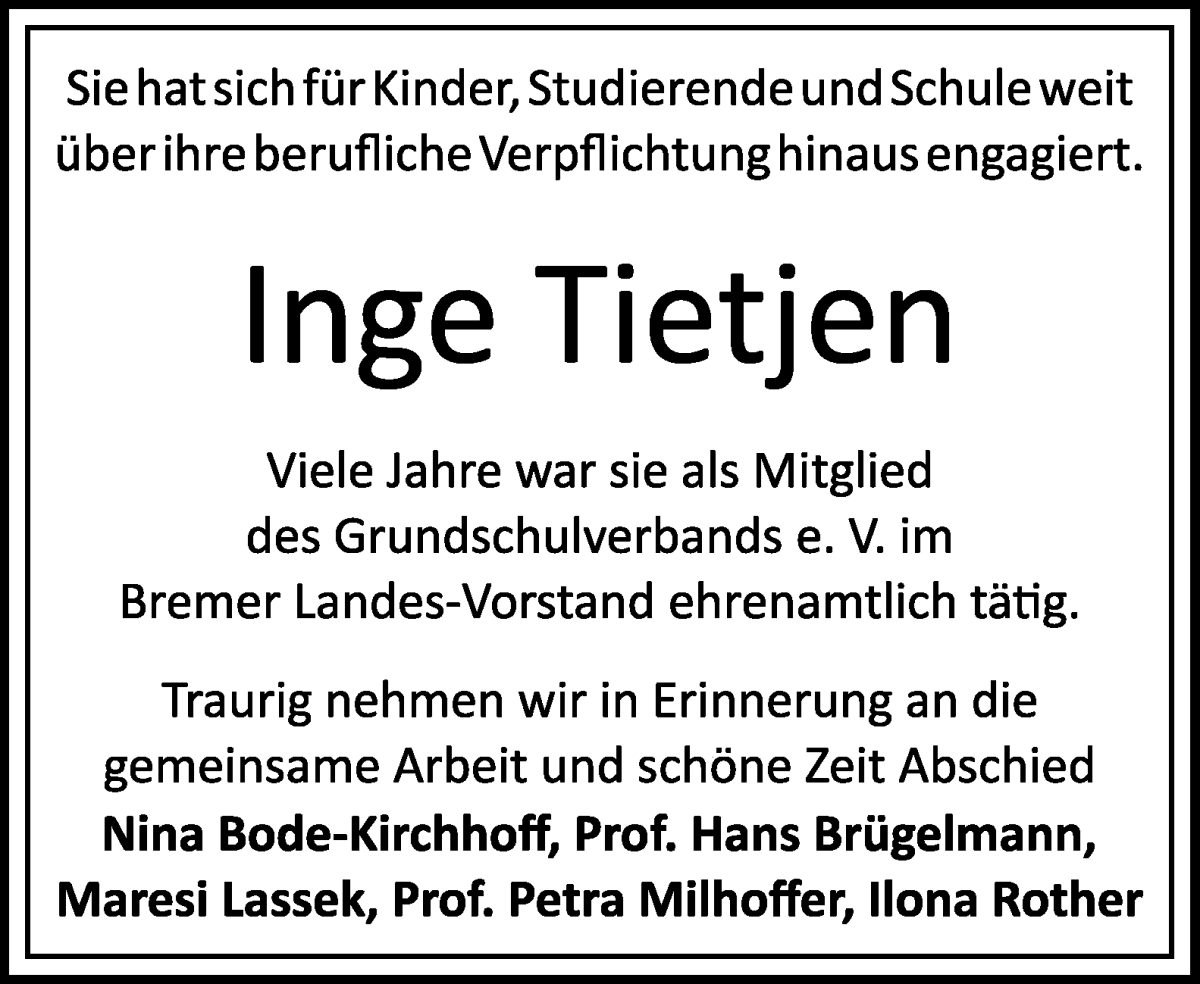 Traueranzeige von Inge Tietjen von WESER-KURIER
