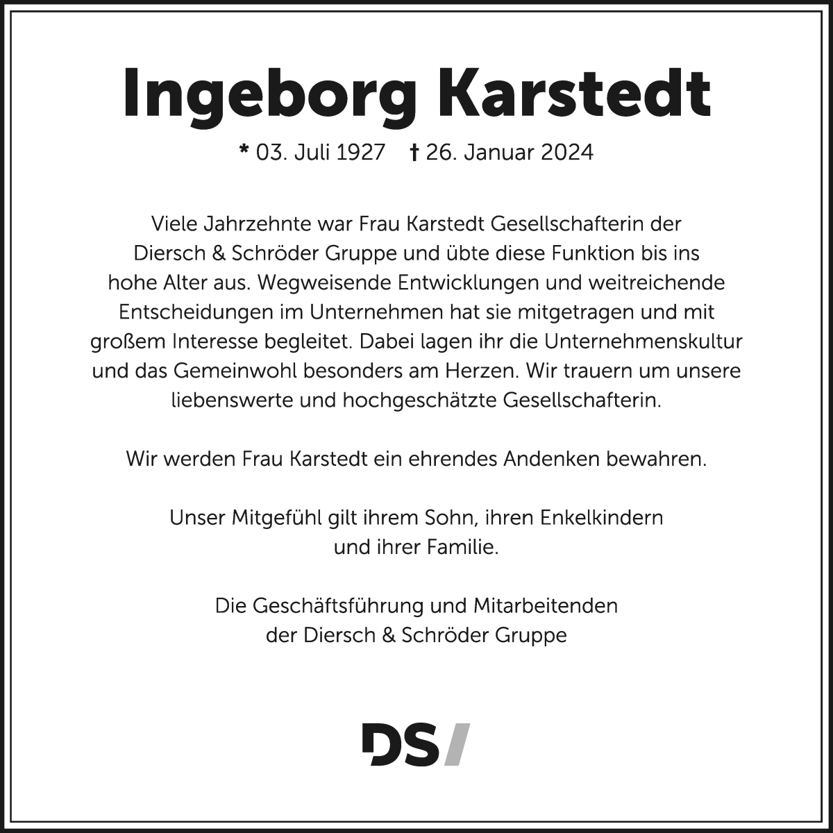 Traueranzeige von Ingeborg Karstedt  von WESER-KURIER