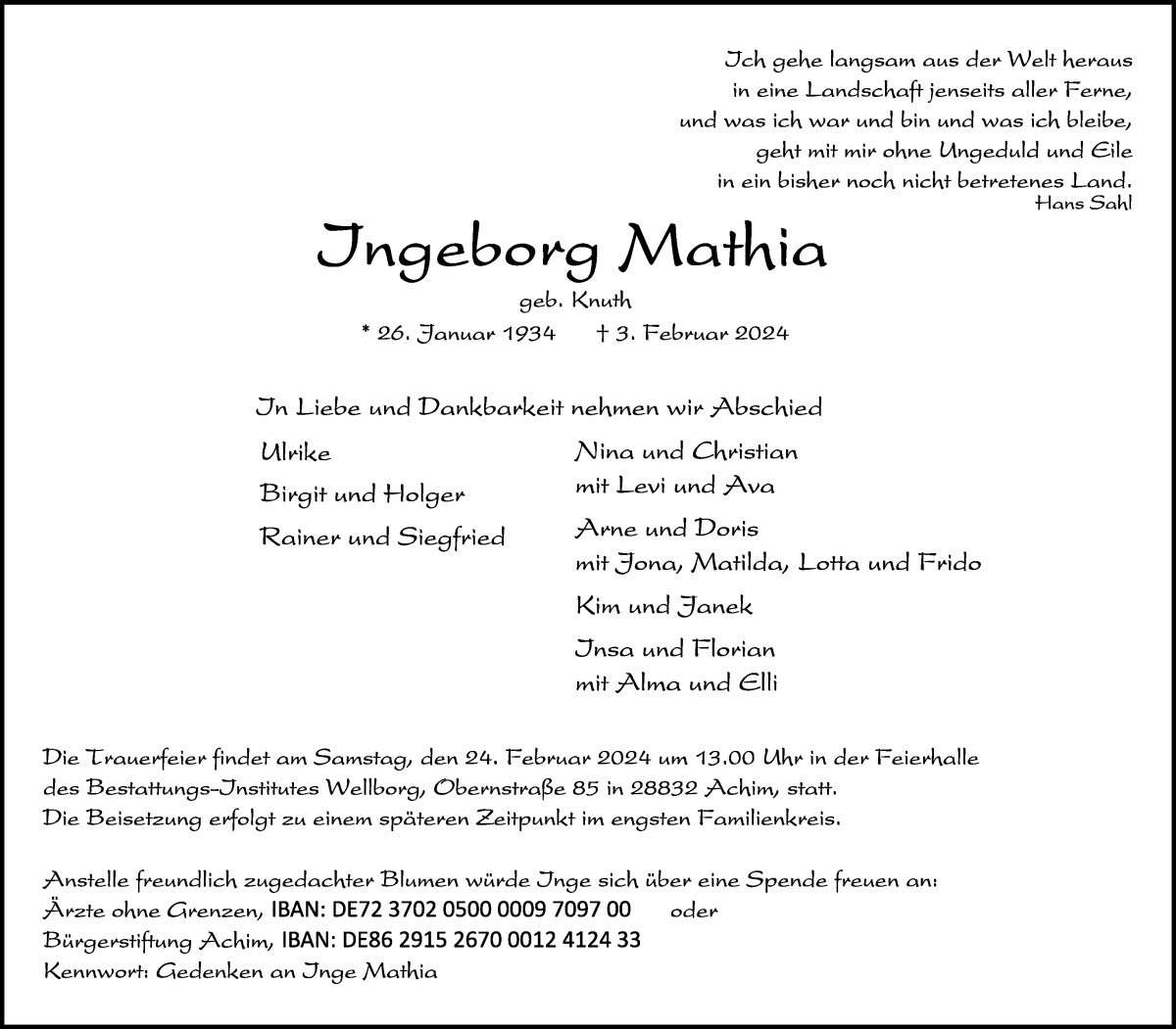 Traueranzeige von Ingeborg Mathia von Achimer Kurier/Verdener Nachrichten