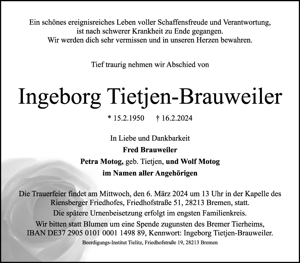 Traueranzeige von Inge Tietjen von WESER-KURIER