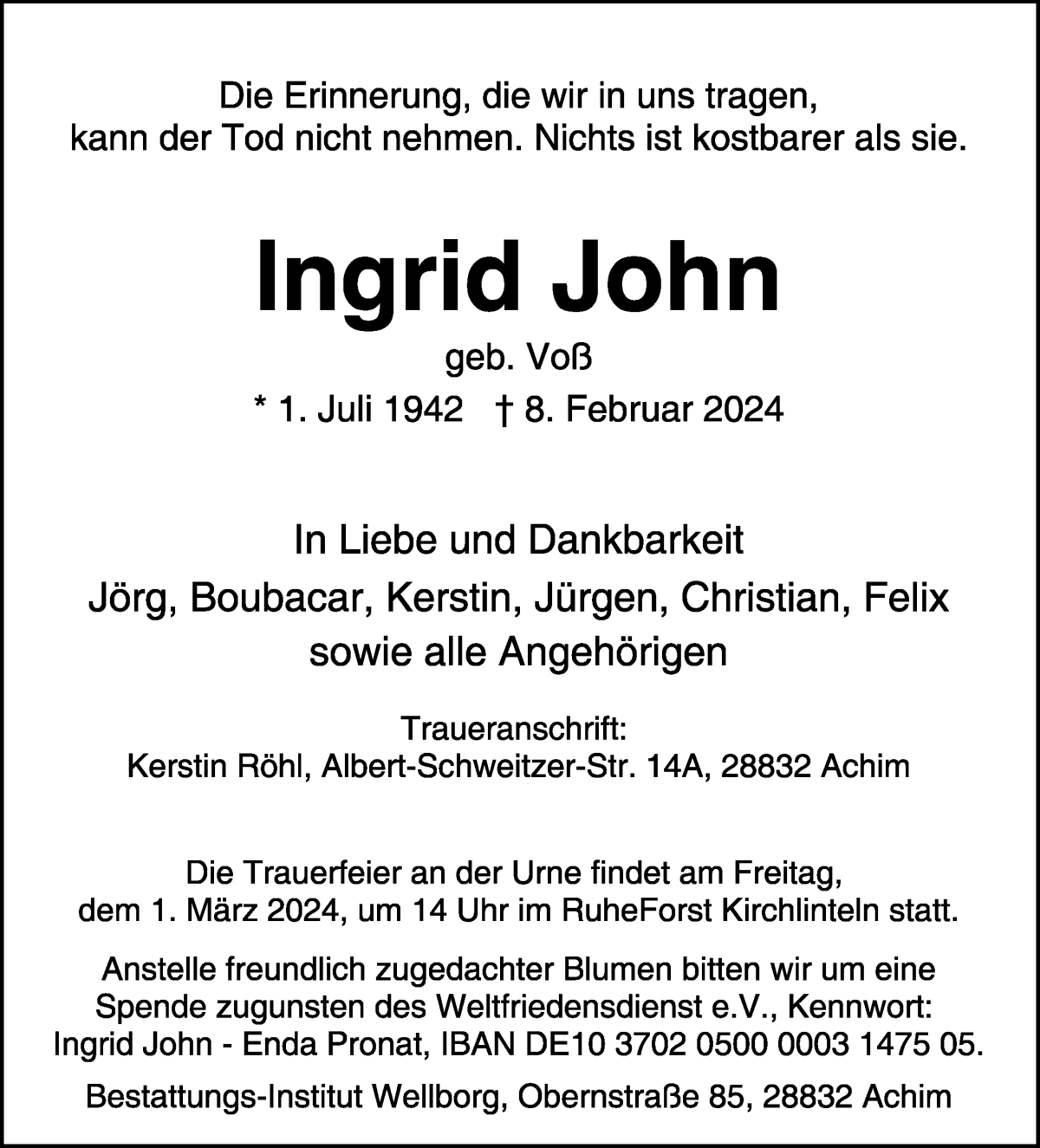 Traueranzeige von Ingrid John von Achimer Kurier/Verdener Nachrichten