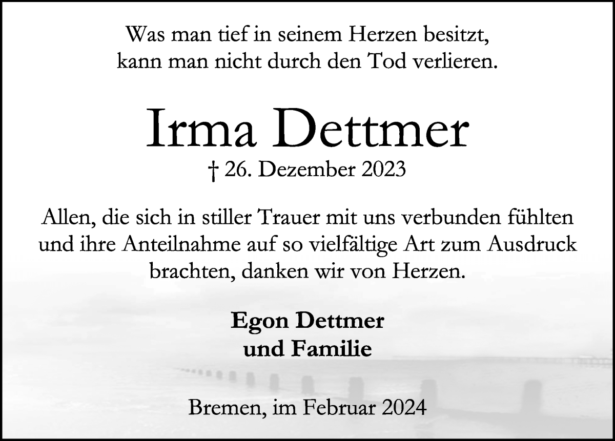 Traueranzeige von Irma Dettmer von WESER-KURIER