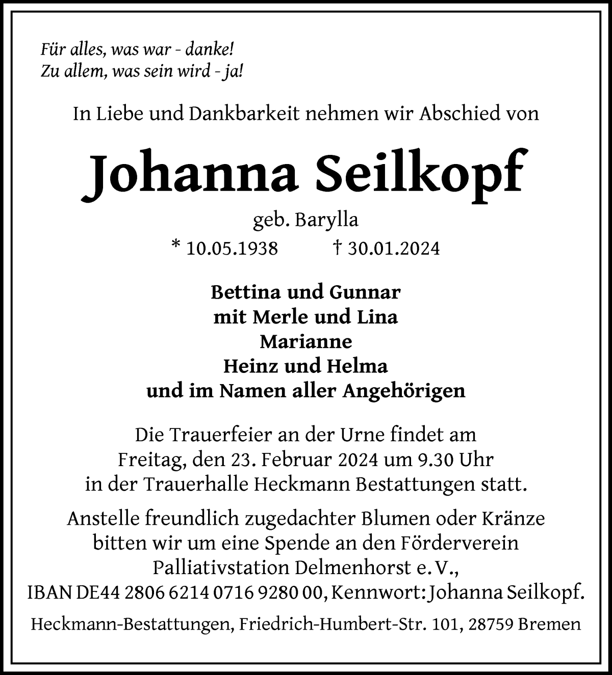 Traueranzeige von Johanna Seilkopf von WESER-KURIER