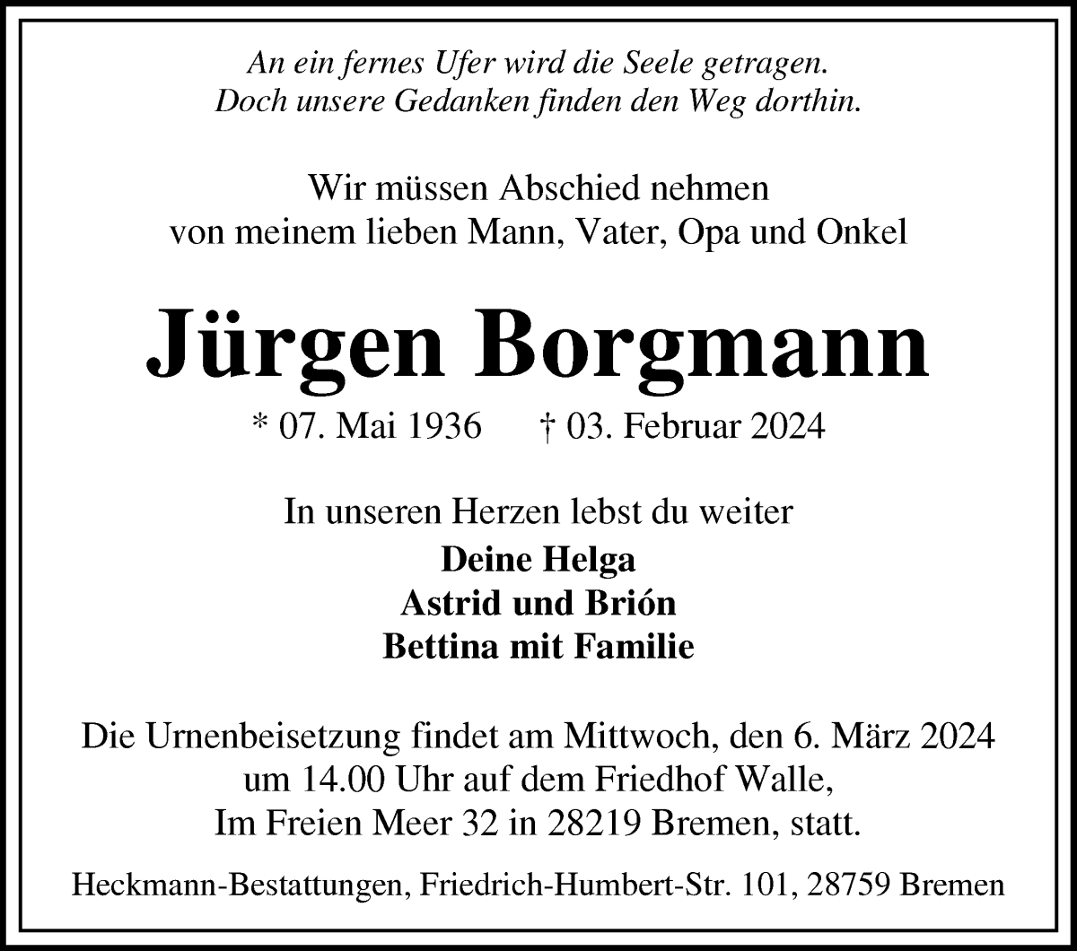 Traueranzeige von Jürgen Borgmann von WESER-KURIER