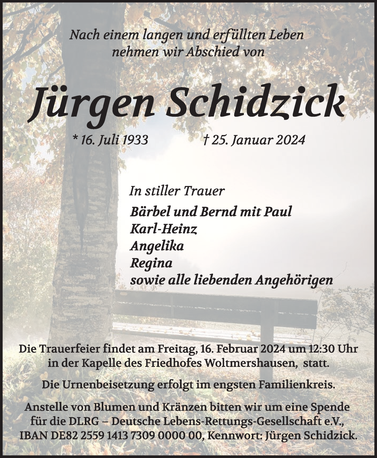 Traueranzeige von Jürgen Schidzick von WESER-KURIER