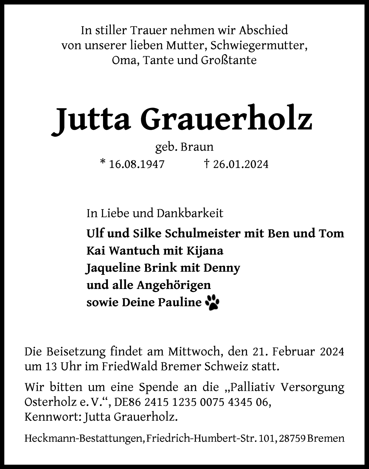Traueranzeige von Jutta Grauerholz von WESER-KURIER