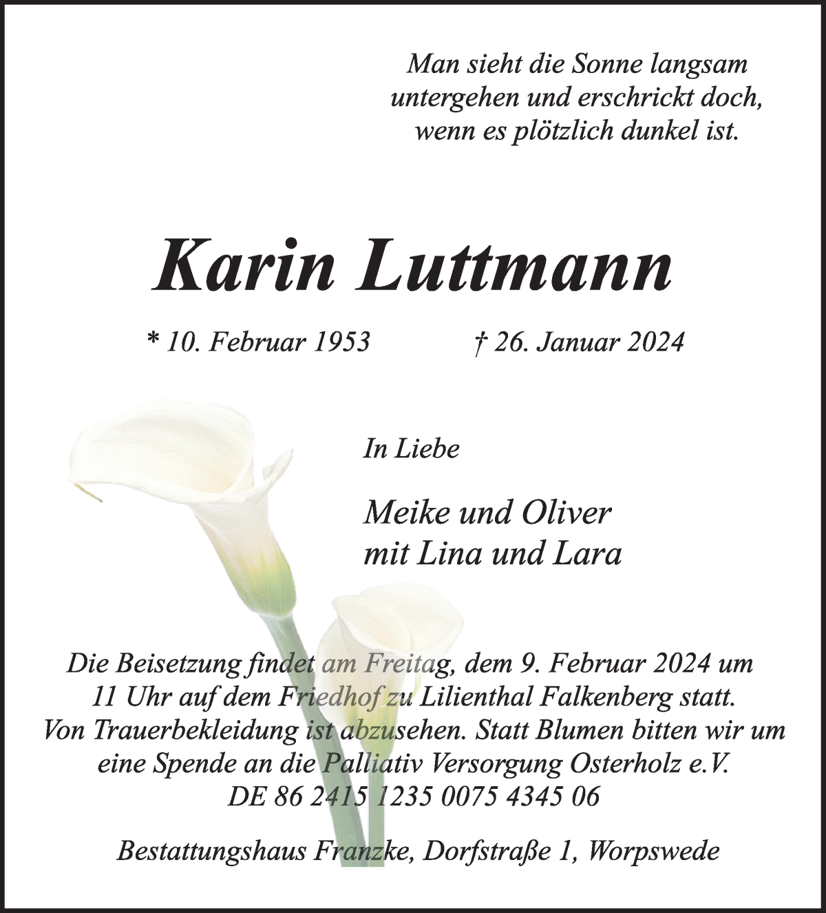 Traueranzeige von Karin Luttmann von Achimer Kurier/Verdener Nachrichten