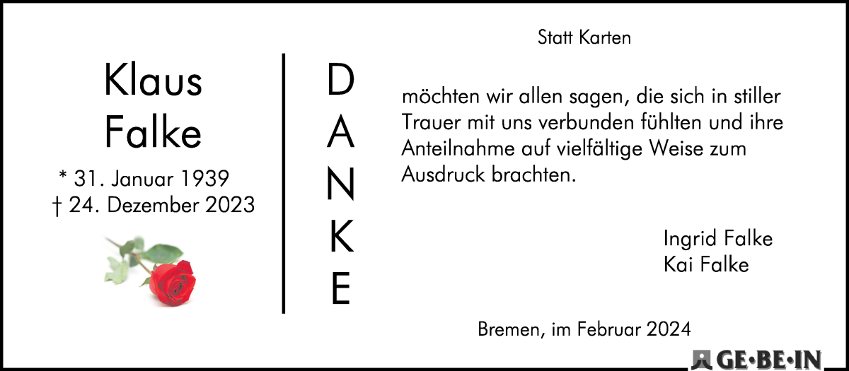 Traueranzeige von Klaus Falke von WESER-KURIER