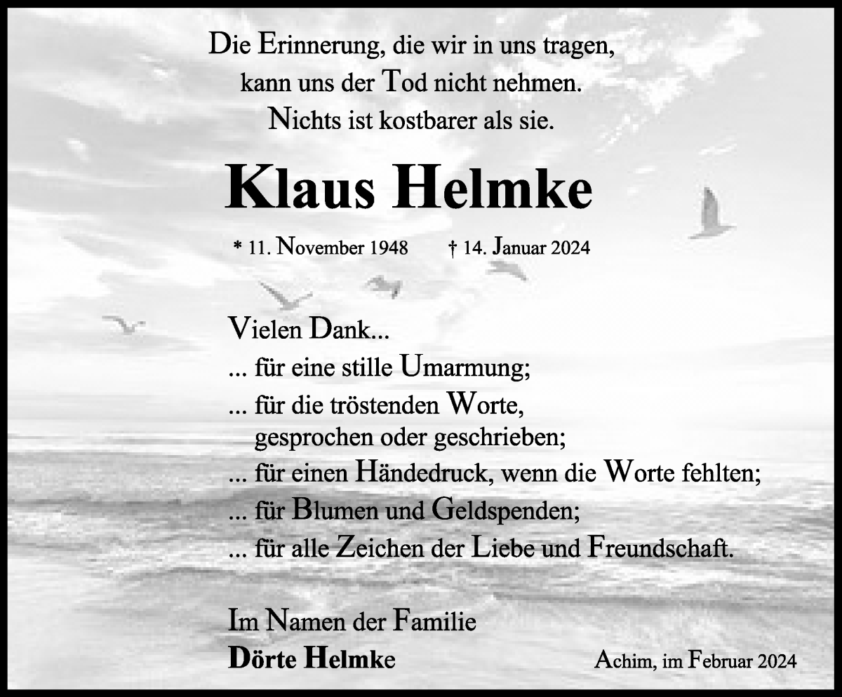 Traueranzeige von Klaus Helmke von Achimer Kurier/Verdener Nachrichten