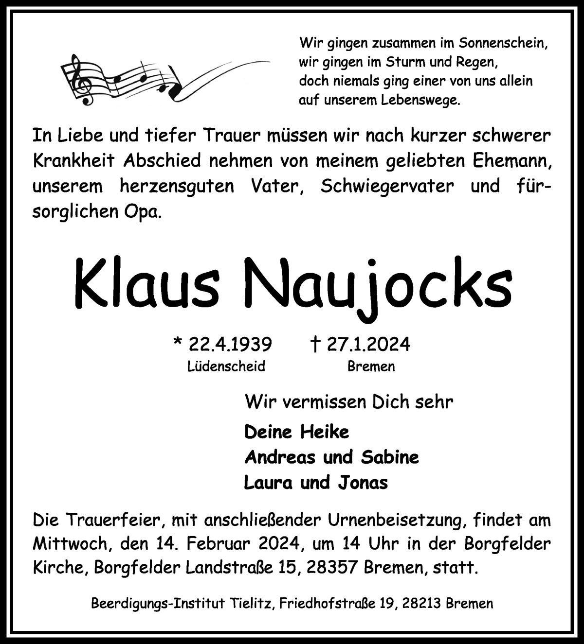 Traueranzeige von Klaus Naujocks von WESER-KURIER