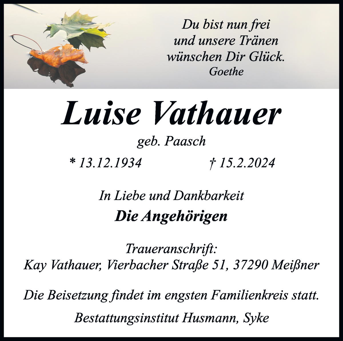 Traueranzeige von Luise Vathauer von Osterholzer Kreisblatt