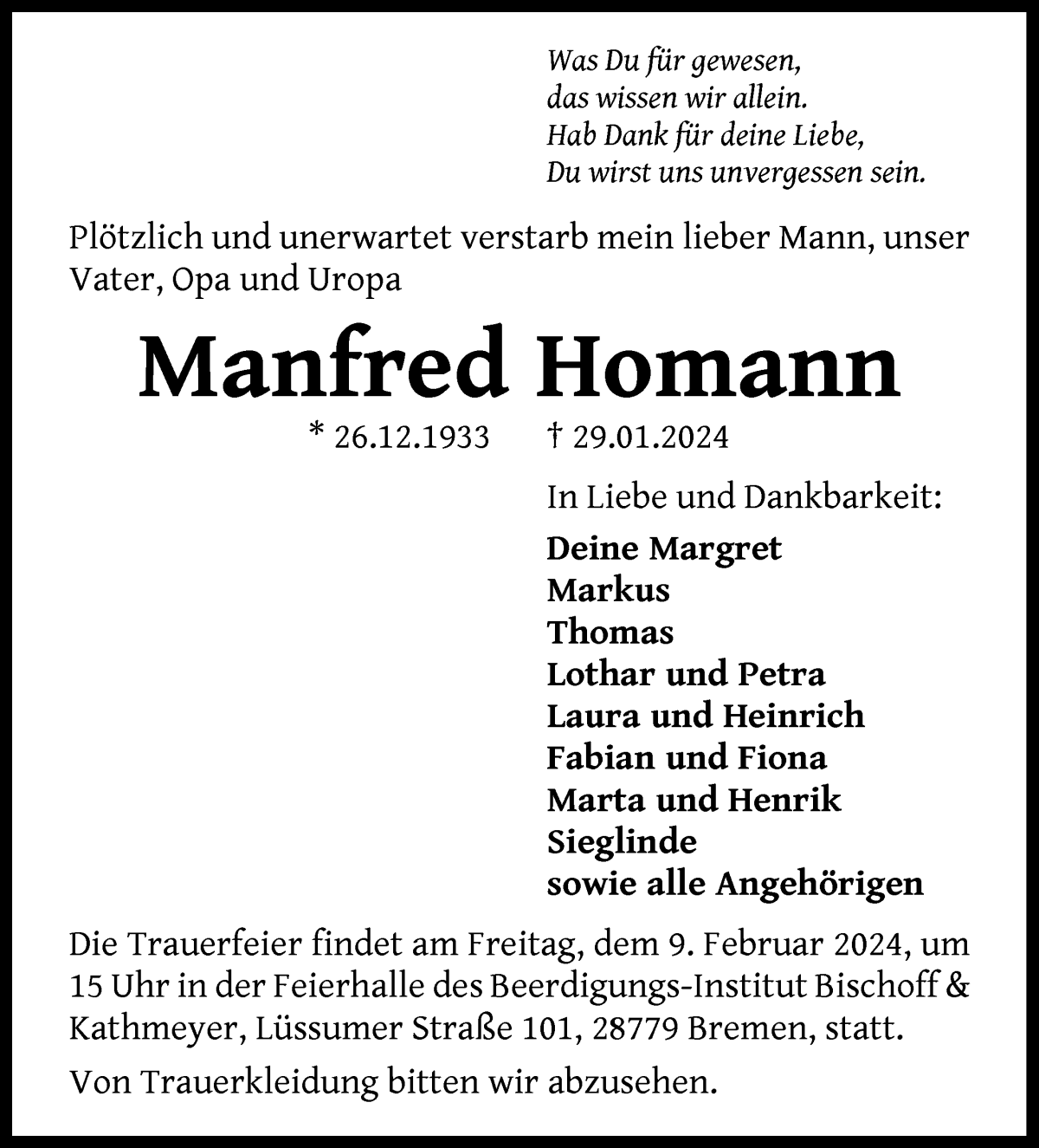 Traueranzeige von Manfred Homann von Die Norddeutsche