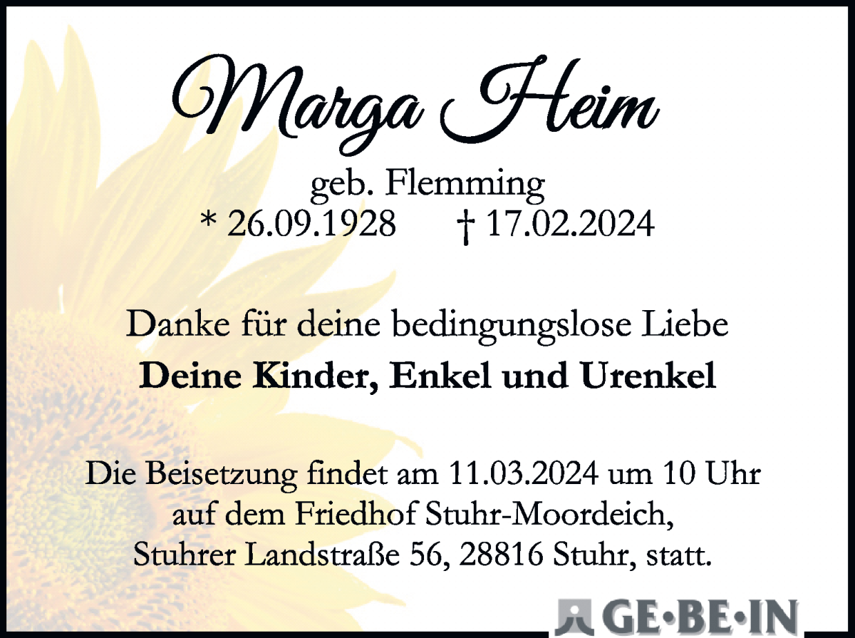 Traueranzeige von Marga Heim von WESER-KURIER