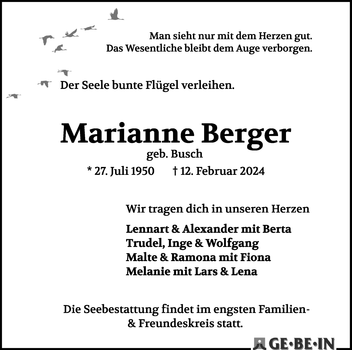 Traueranzeige von Marianne Berger von WESER-KURIER