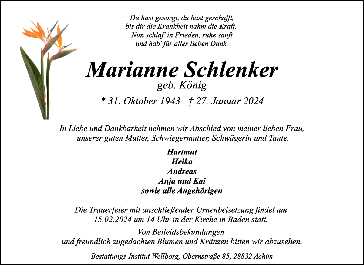 Traueranzeige von Marianne Schlenker von Achimer Kurier/Verdener Nachrichten
