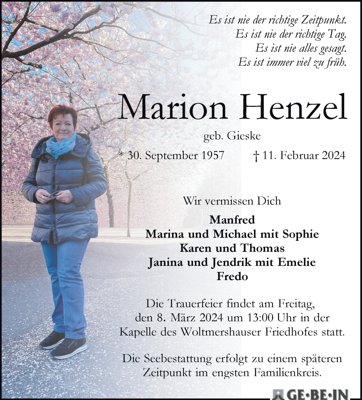 Traueranzeige von Marion Henzel von WESER-KURIER