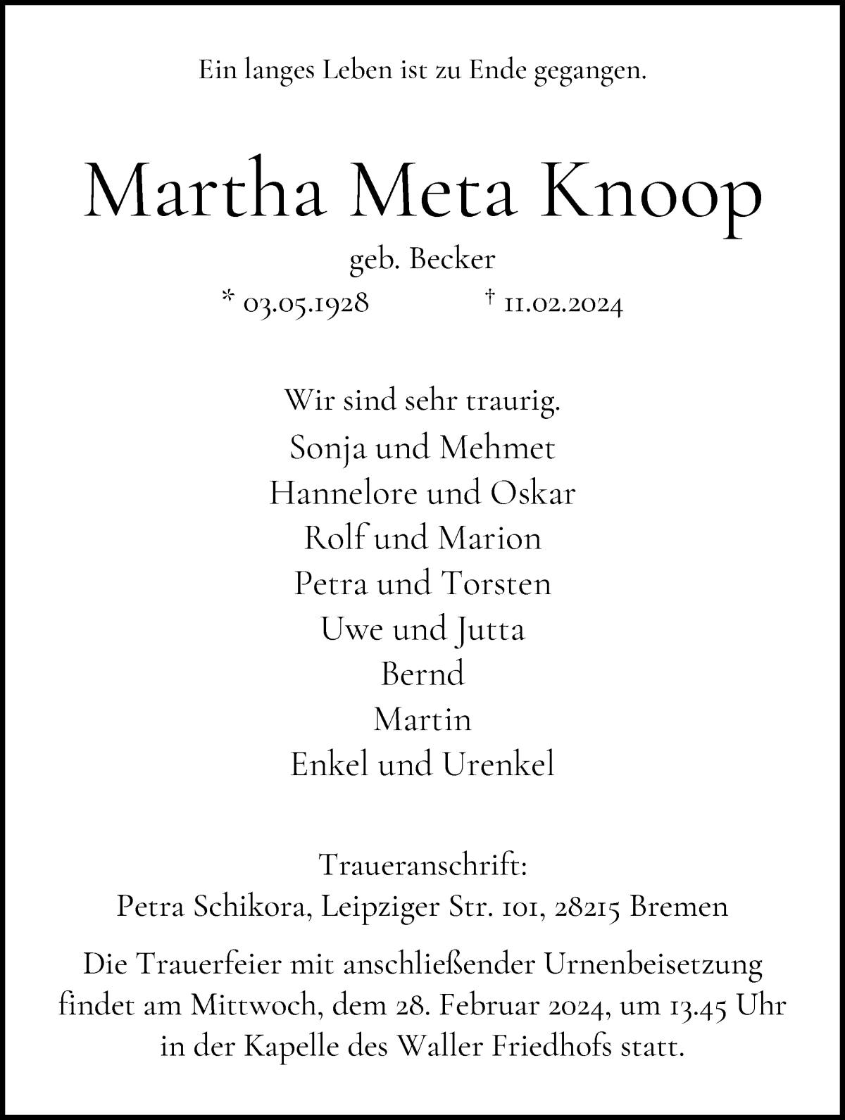 Traueranzeige von Martha Meta Knoop von WESER-KURIER