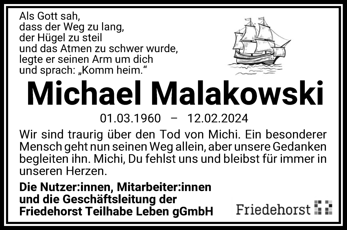 Traueranzeige von Michael Malakowski von WESER-KURIER