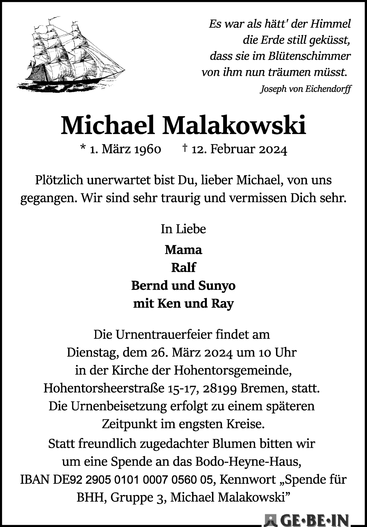 Traueranzeige von Michael Malakowski von WESER-KURIER