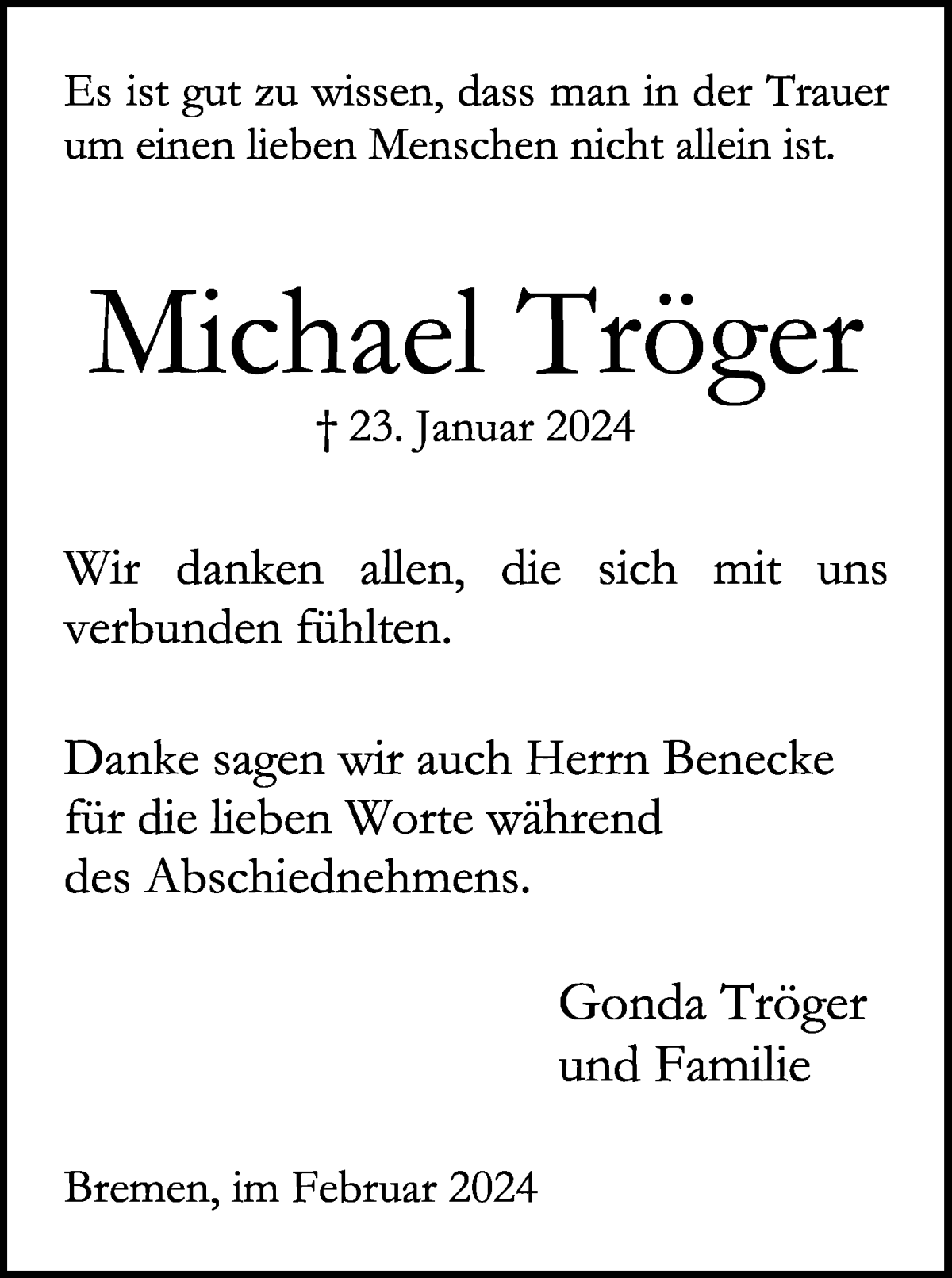 Traueranzeige von Michael Tröger von WESER-KURIER