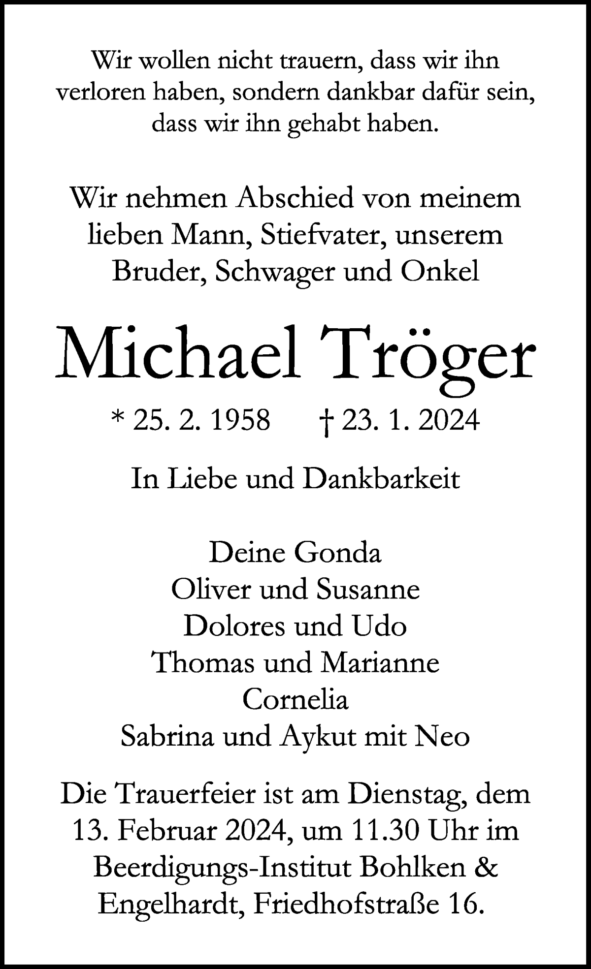 Traueranzeige von Michael Tröger von WESER-KURIER