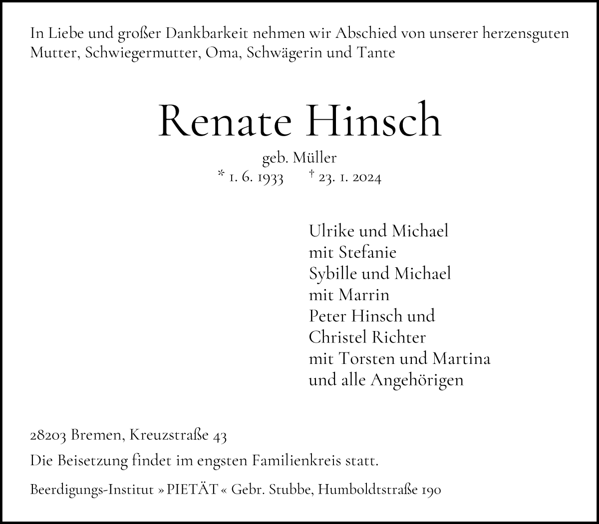 Traueranzeige von Renate Hinsch von WESER-KURIER