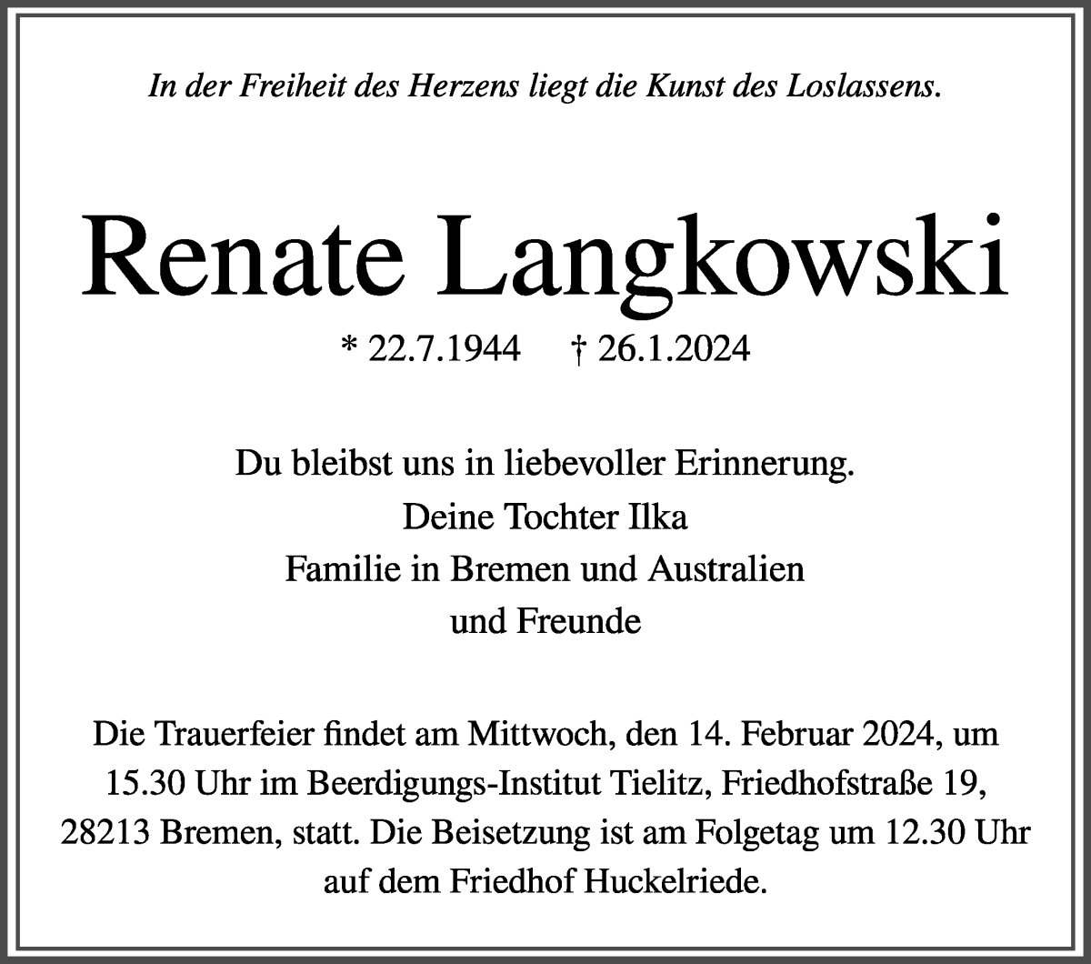 Traueranzeige von Renate Langkowski von WESER-KURIER