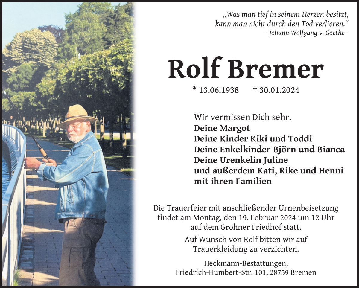 Traueranzeige von Rolf Bremer von Die Norddeutsche