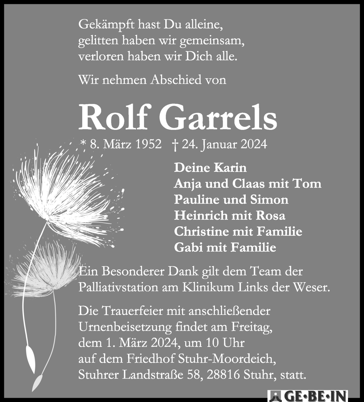 Traueranzeige von Rolf Garrels von WESER-KURIER