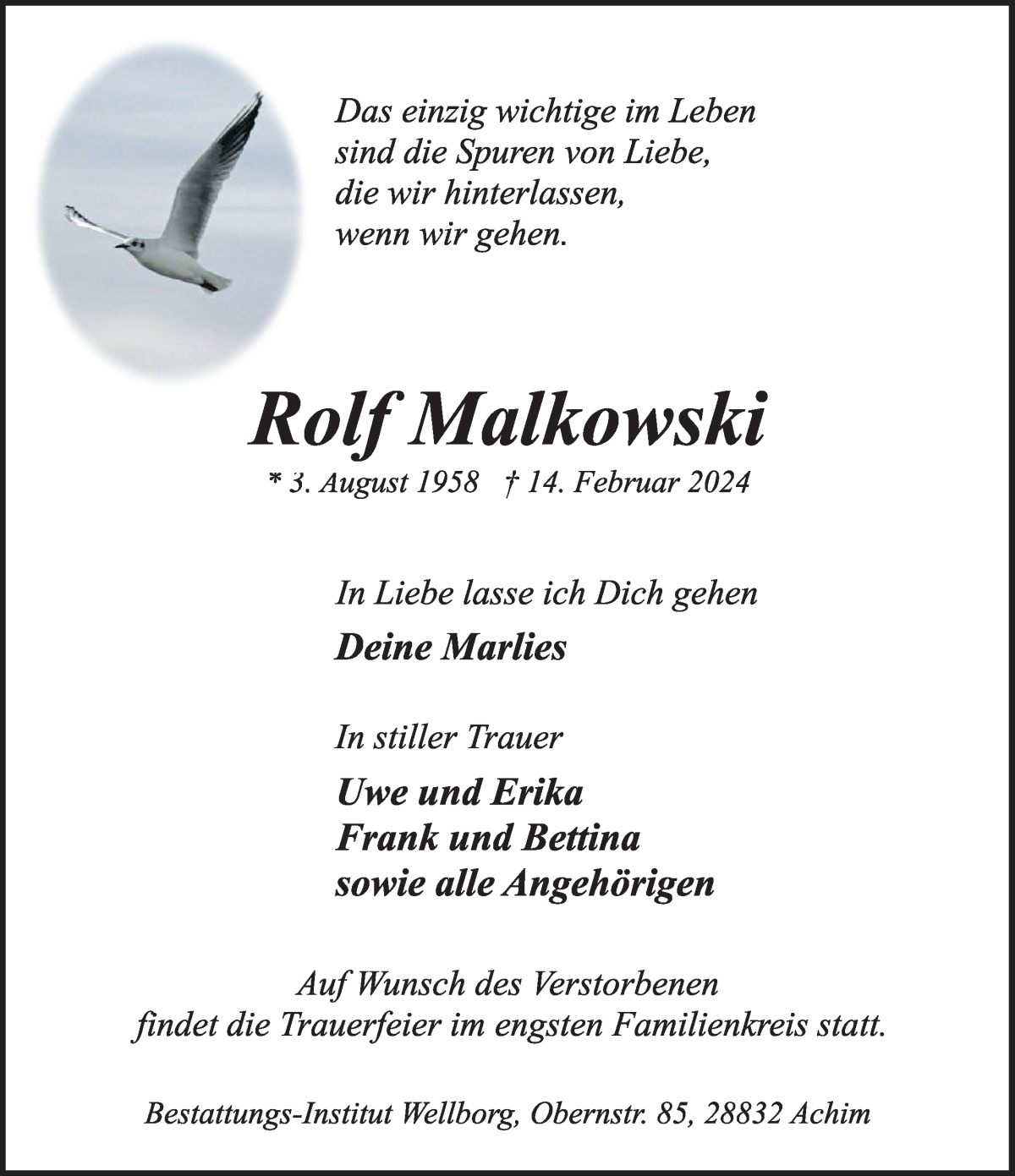 Traueranzeige von Rolf Malkowski von Achimer Kurier/Verdener Nachrichten