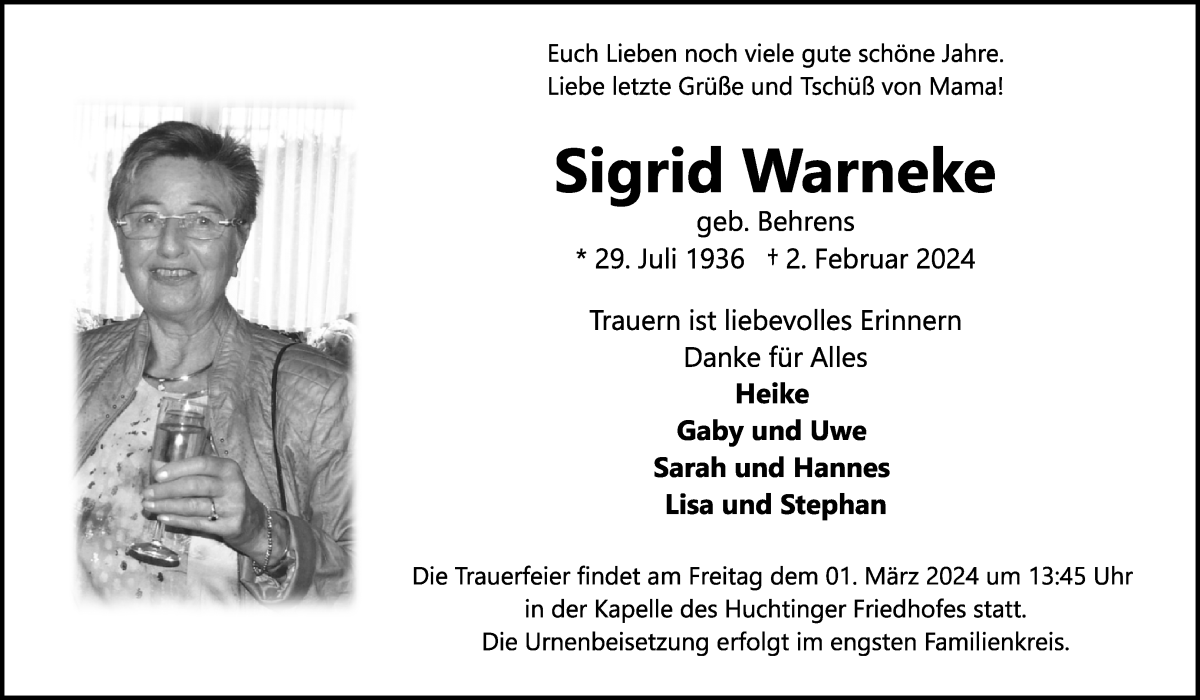 Traueranzeige von Sigrid Warneke von WESER-KURIER