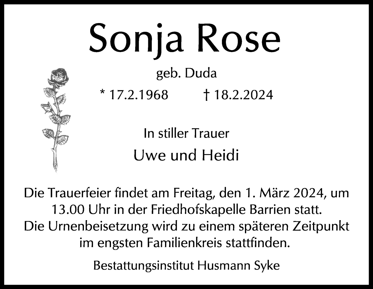 Traueranzeige von Sonja Rose von WESER-KURIER