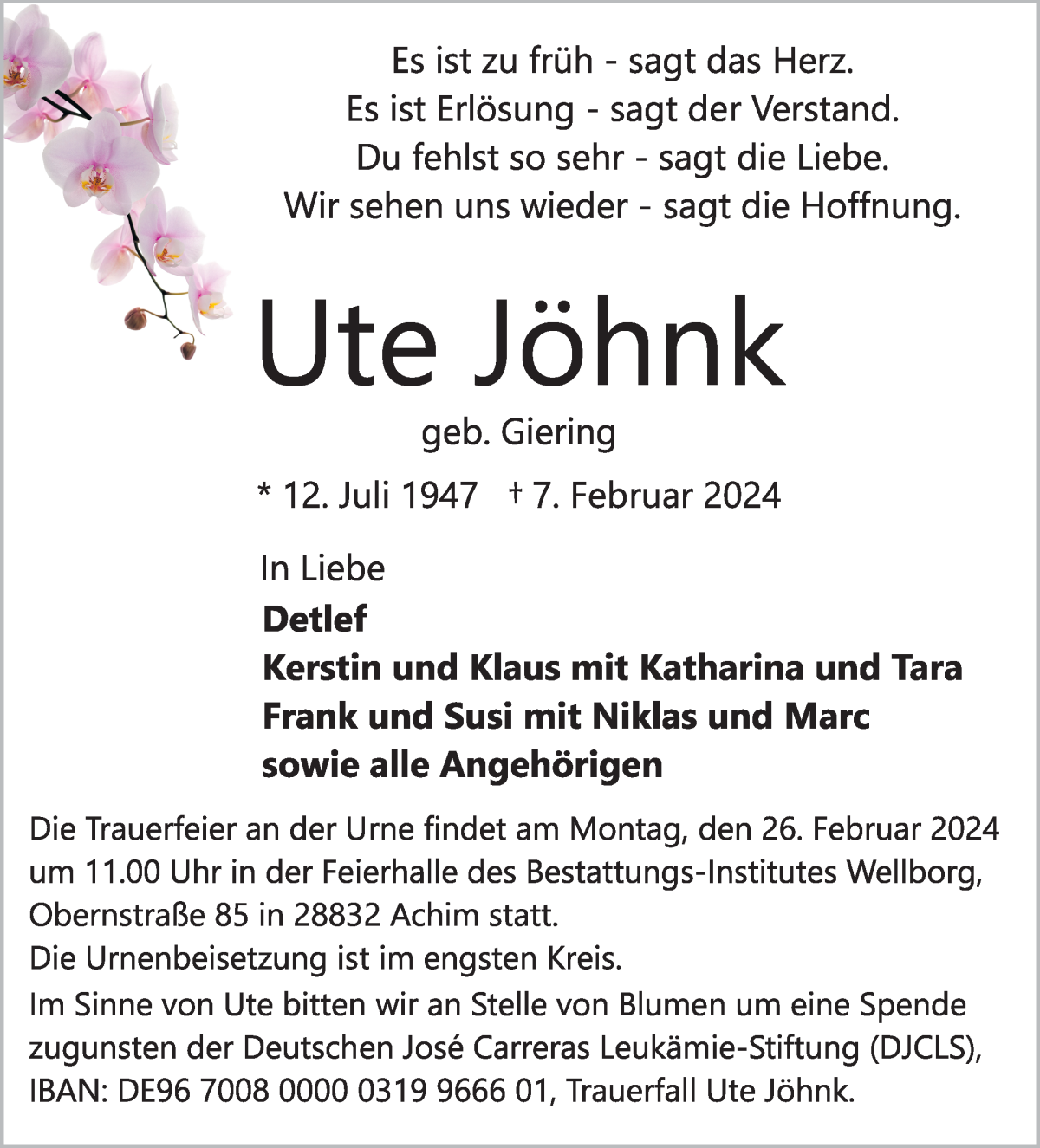 Traueranzeige von Ute Jöhnk von WESER-KURIER