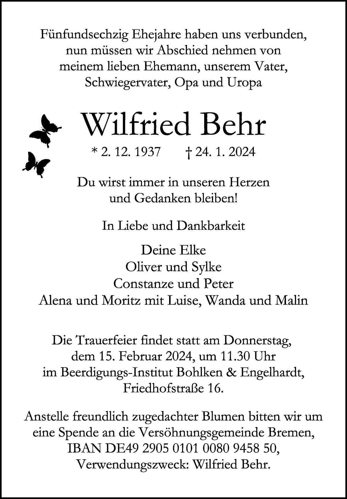 Traueranzeige von Wilfried Behr von WESER-KURIER