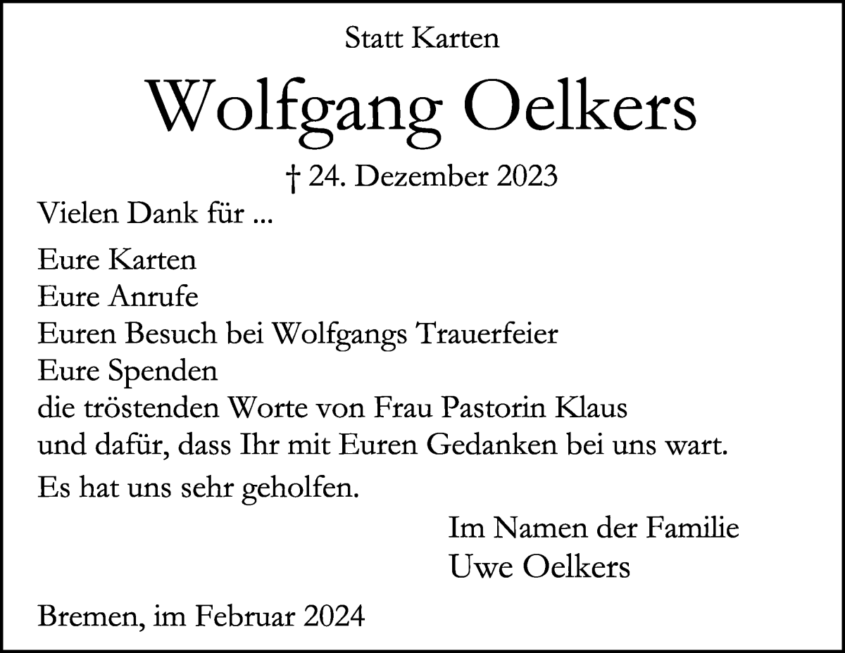 Traueranzeige von Wolfgang Oelkers von WESER-KURIER
